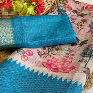 White & Blue Floral Printed Kota Doria Saree