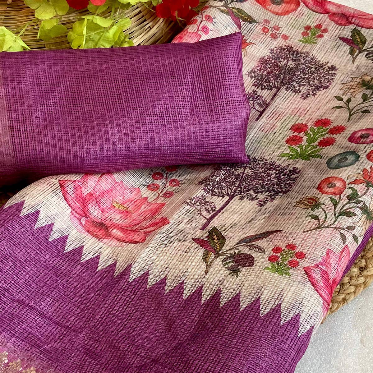White & Purple Floral Printed Kota Doria Saree