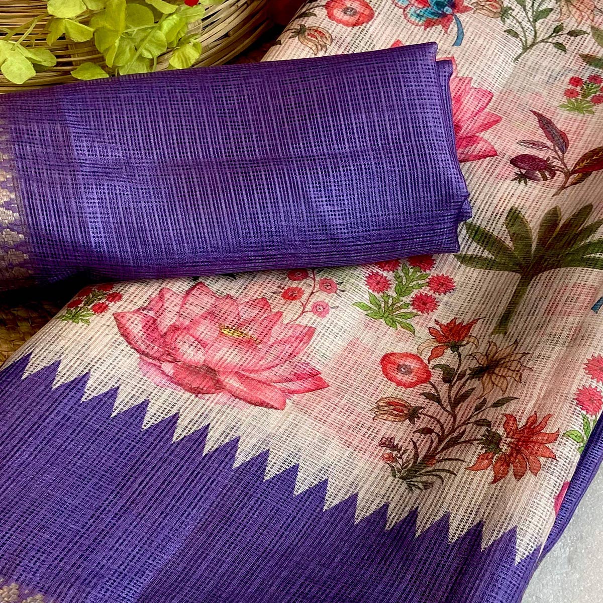 White & Violet Floral Printed Kota Doria Saree
