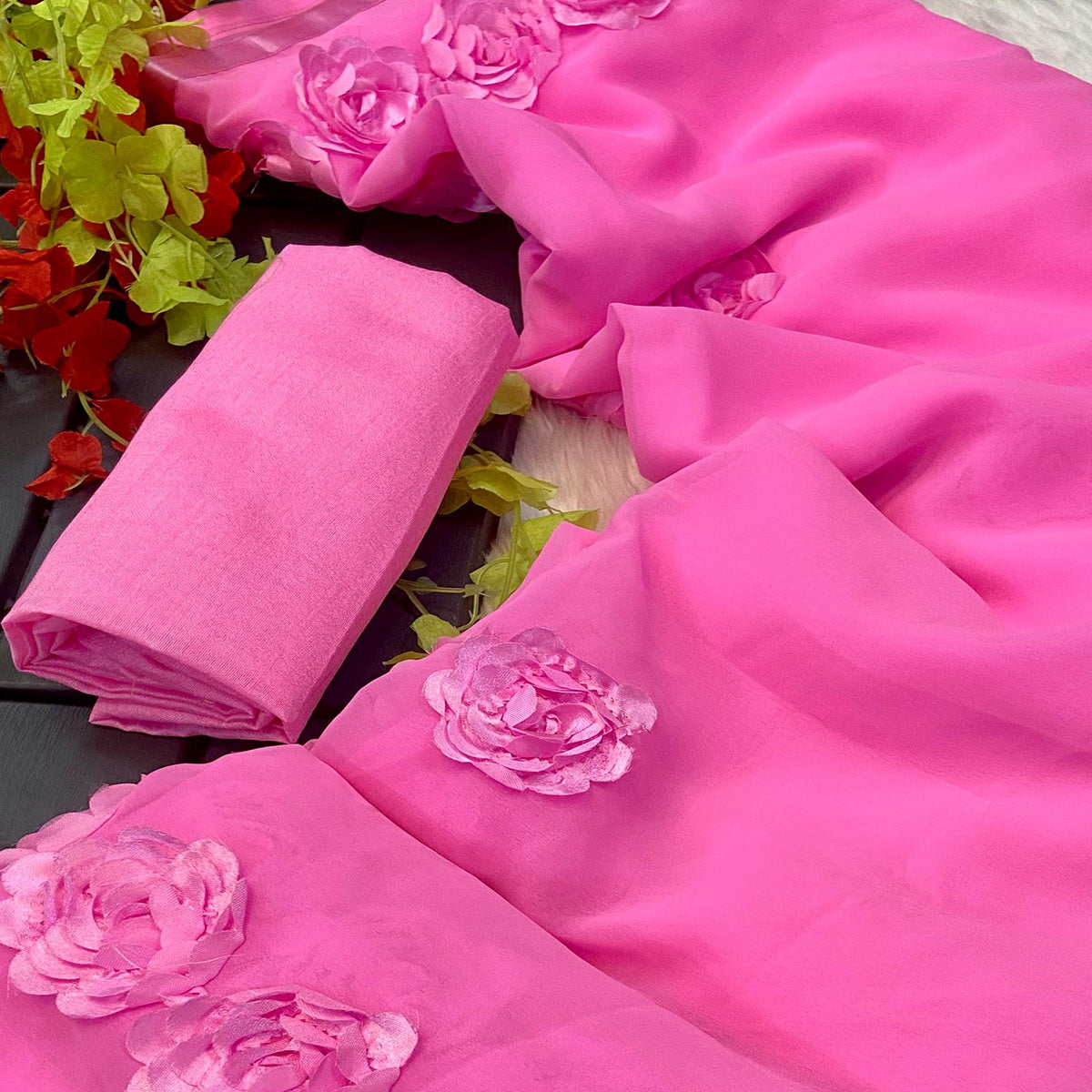 Pink Ribbon Flower Embroidered Georgette Saree