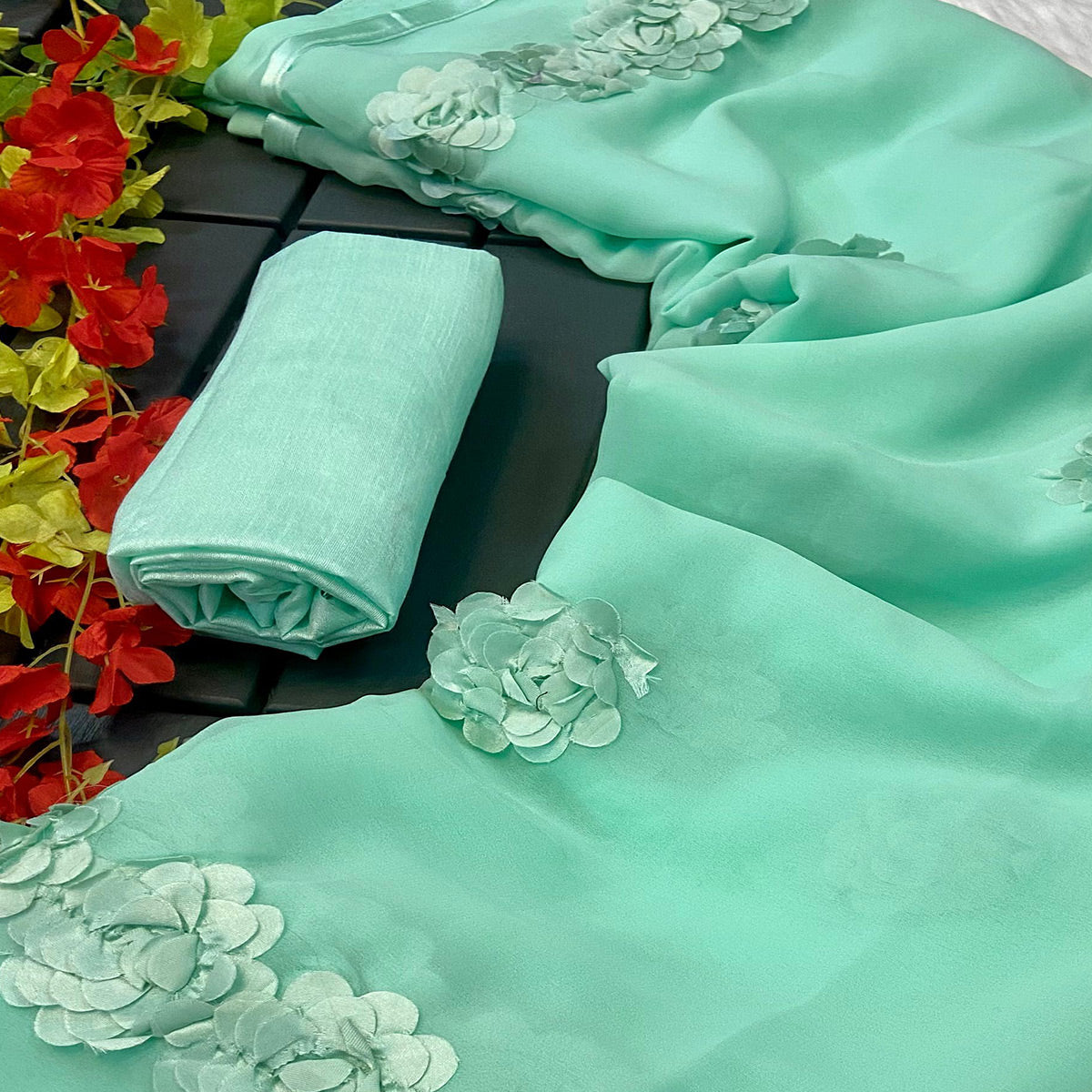 Sea Green Ribbon Flower Embroidered Georgette Saree