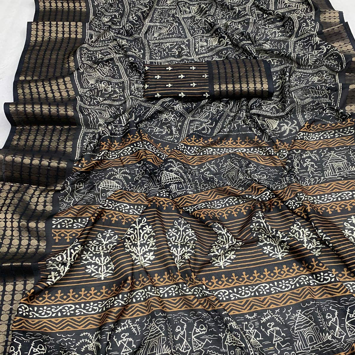 Black Warli Printed Dola Silk Saree With Zari Border