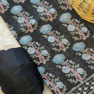 Black Floral Printed Linen Saree With Zari Border