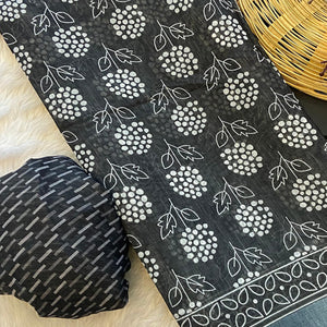 Black Floral Printed Linen Saree With Zari Border