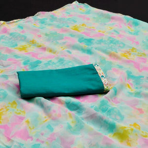 Rama Blue Abstract Printed Georgette Saree