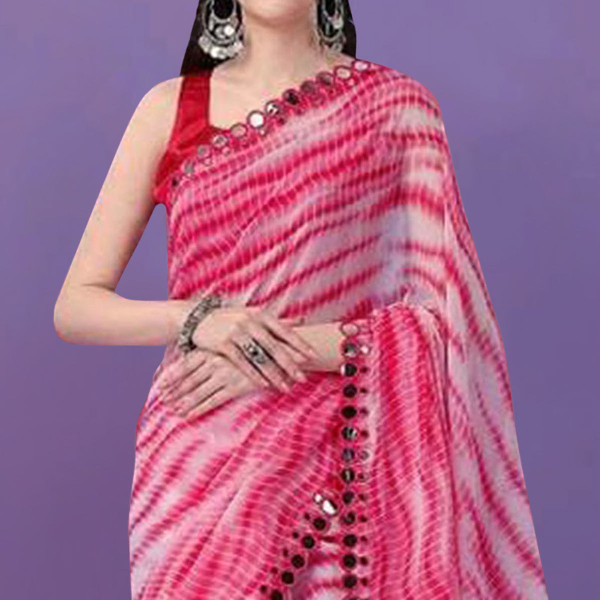 Pink Printed With Fancy Mirror Georgette Saree