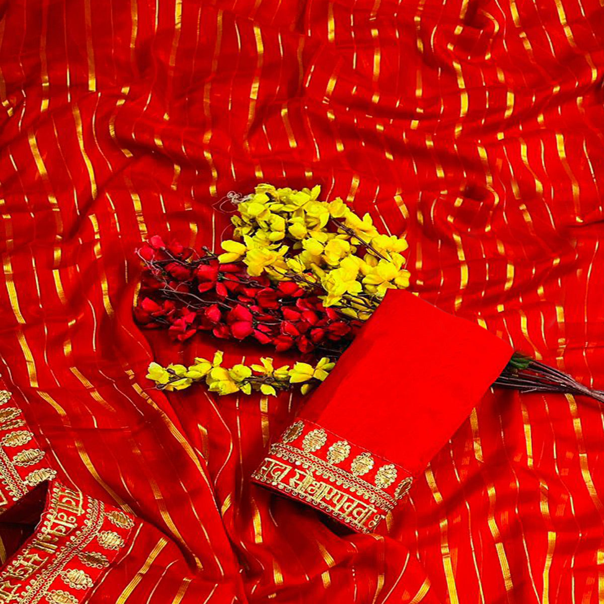 Red Woven Chiffon Saree With Embroidered Border