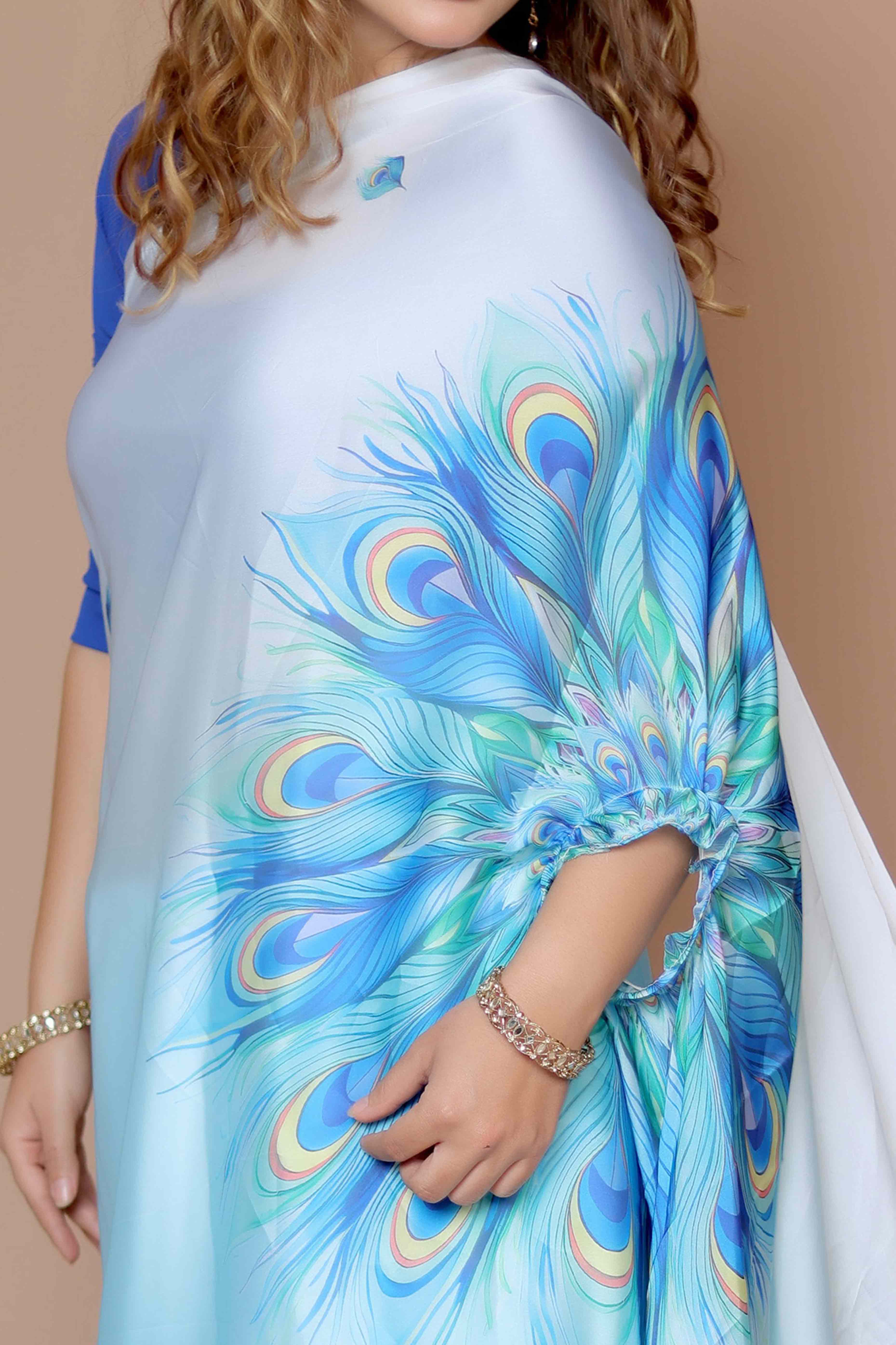 Blue & White Designer Freehand Ombre Saree In Satin Georgette With Striking Digital Print