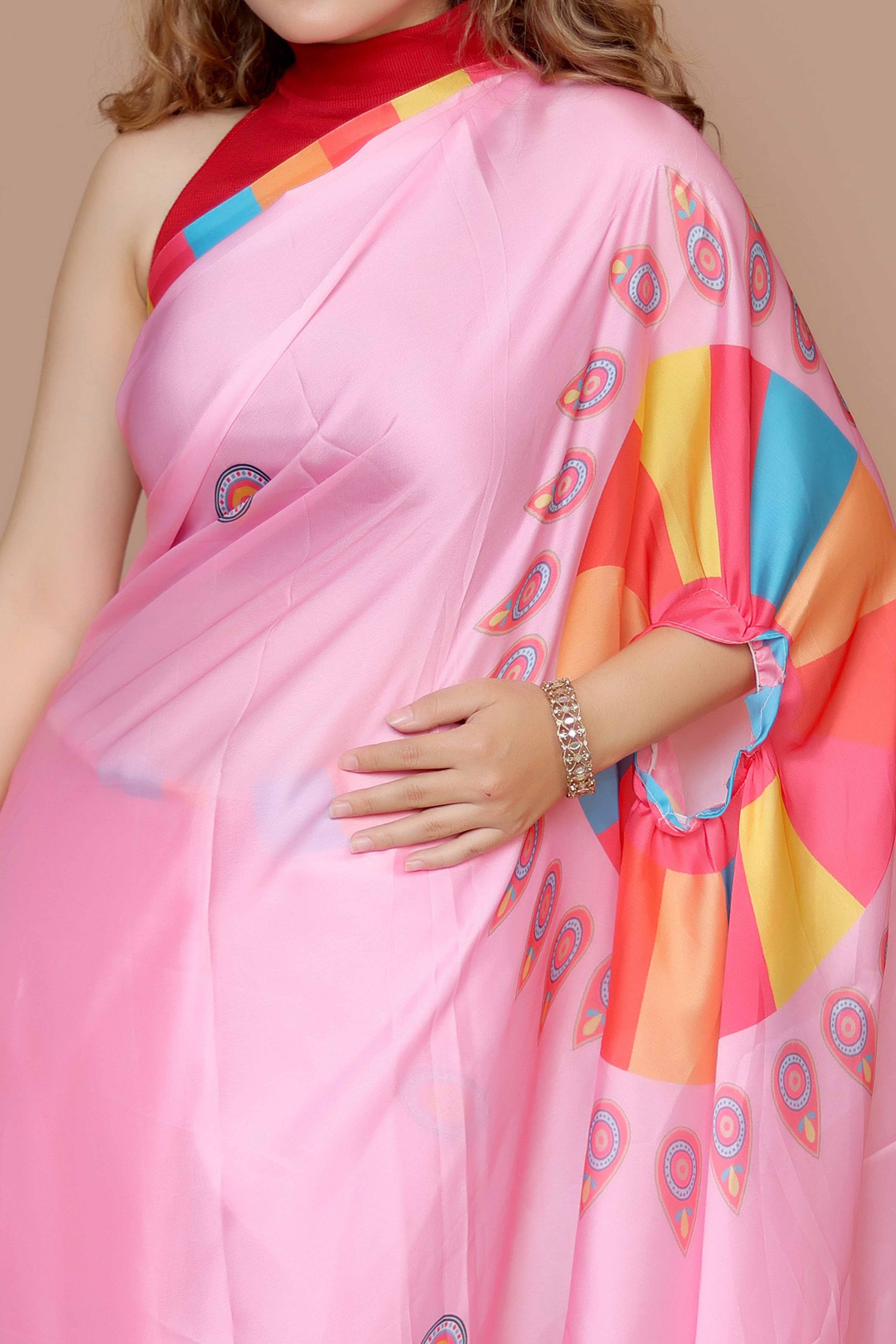 Pink Designer Freehand Saree In Satin Georgette With Striking Digital Print