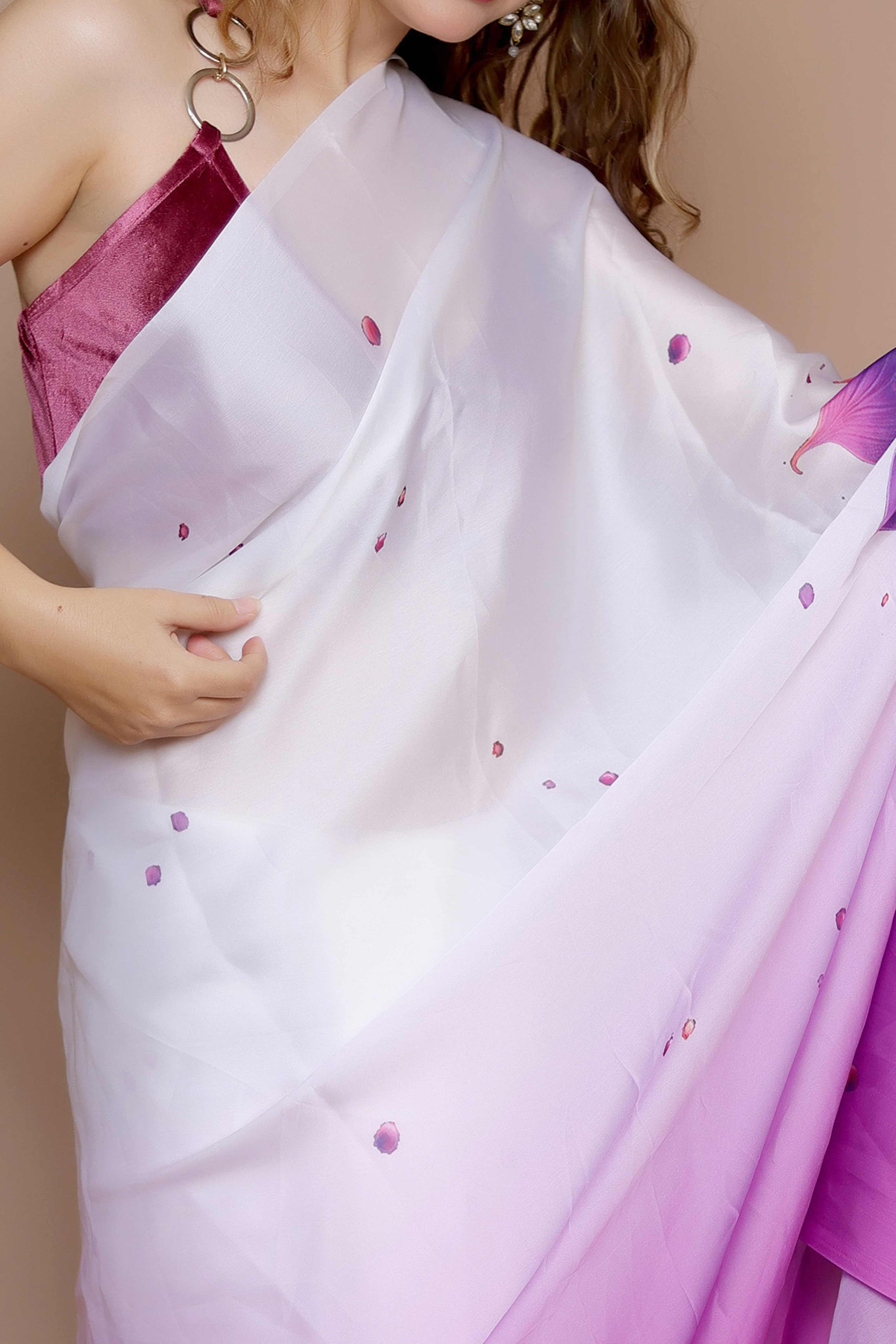 Purple & White Designer Freehand Ombre Saree In Satin Georgette With Striking Digital Print