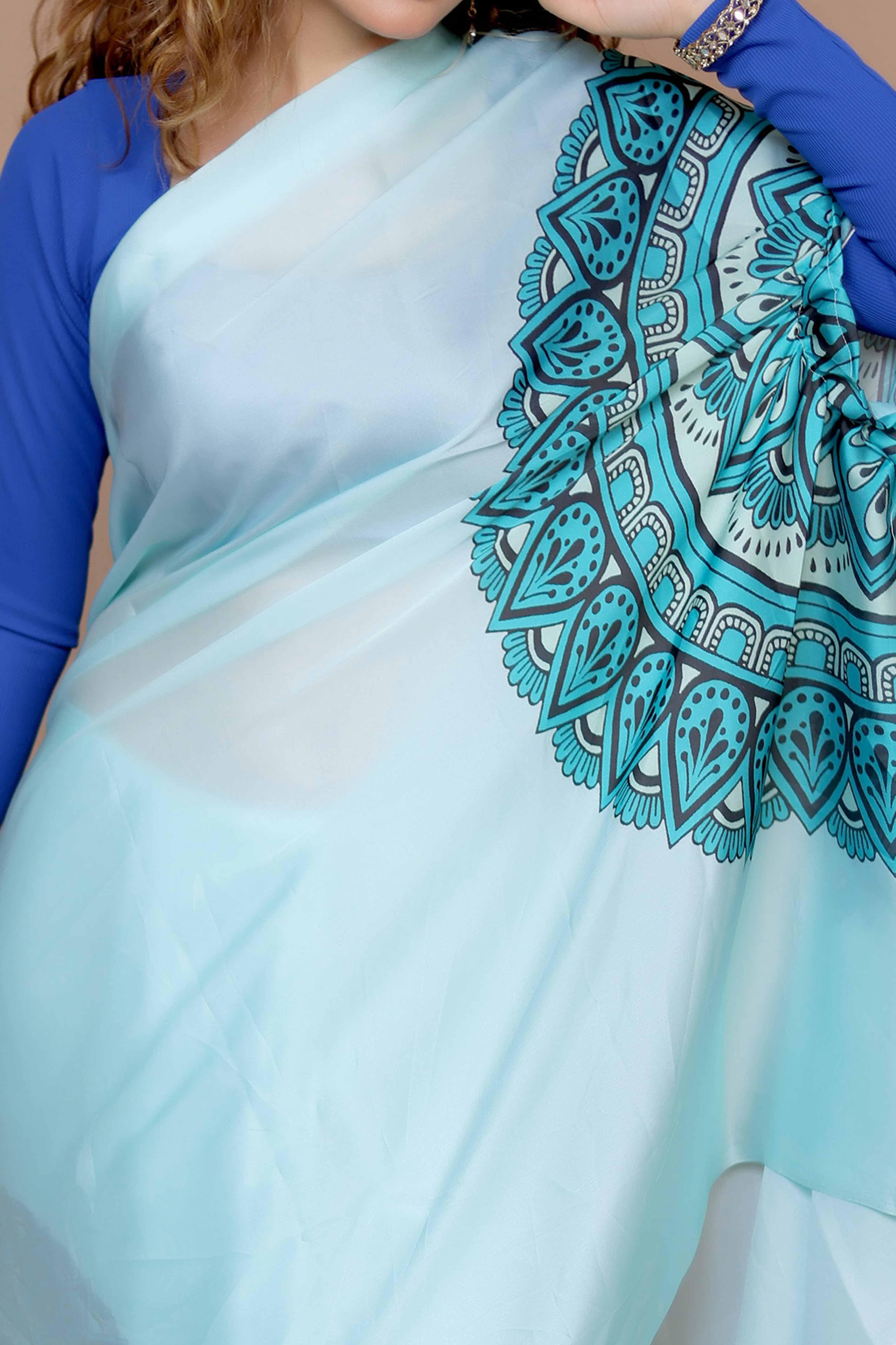 Turquoise Designer Freehand Saree In Satin Georgette With Striking Digital Print