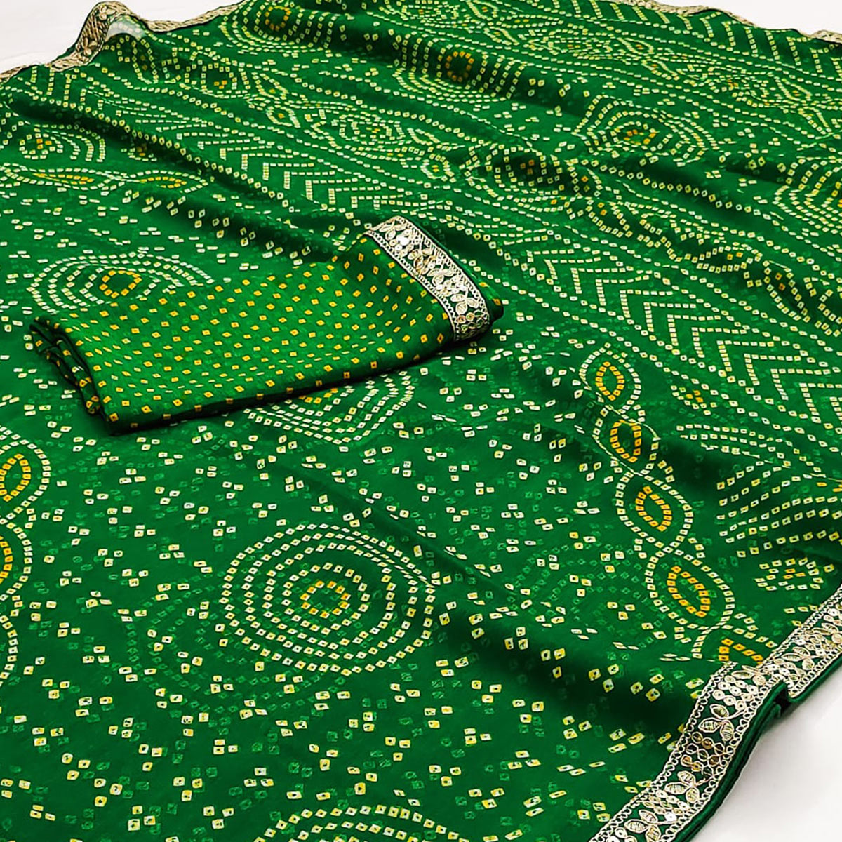 Green Bandhani Printed Chiffon Saree