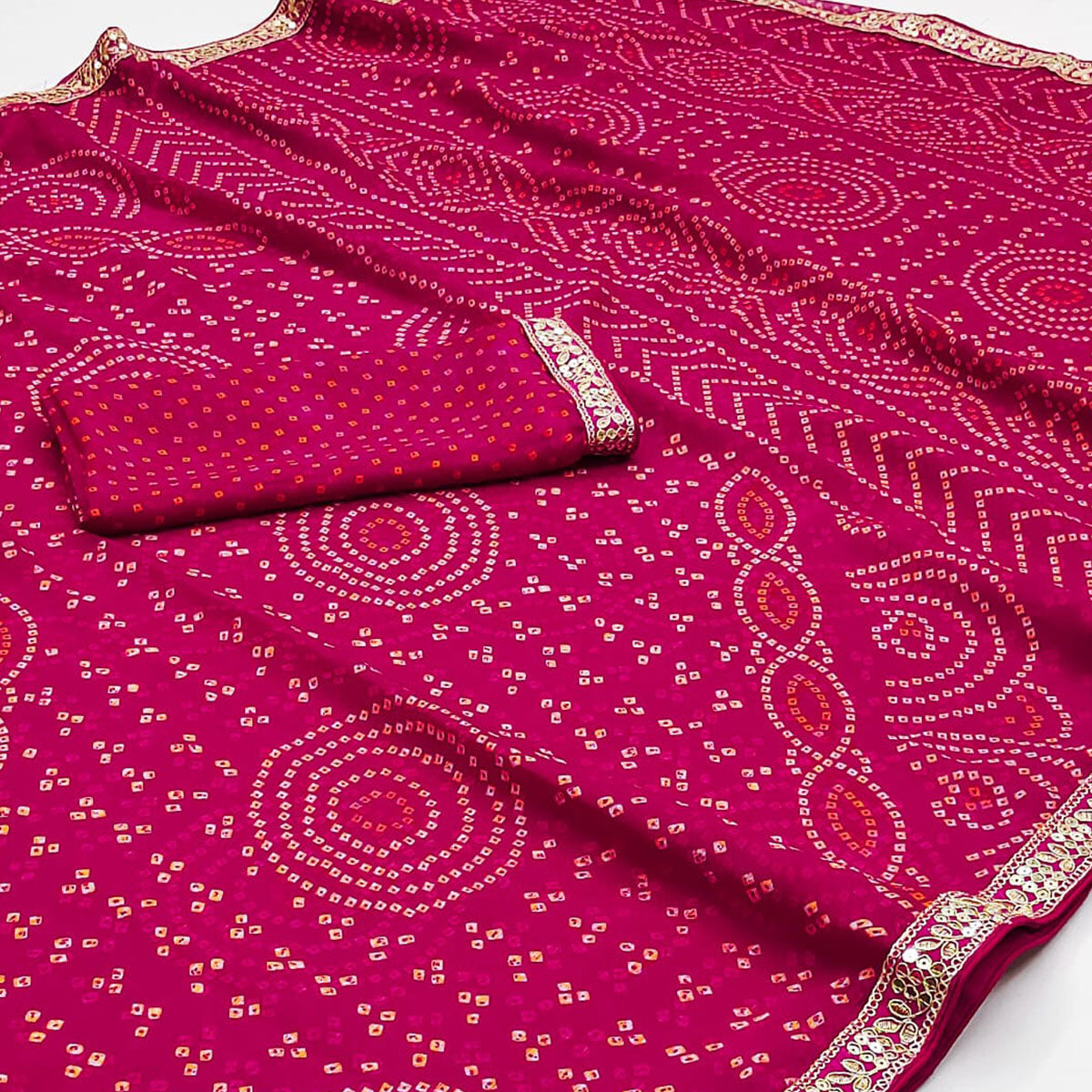 Pink Bandhani Printed Chiffon Saree