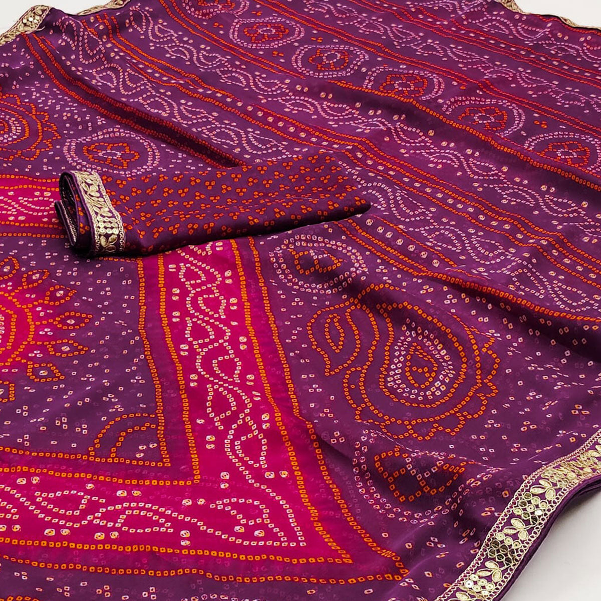 Purple & Pink Bandhani Printed Chiffon Saree