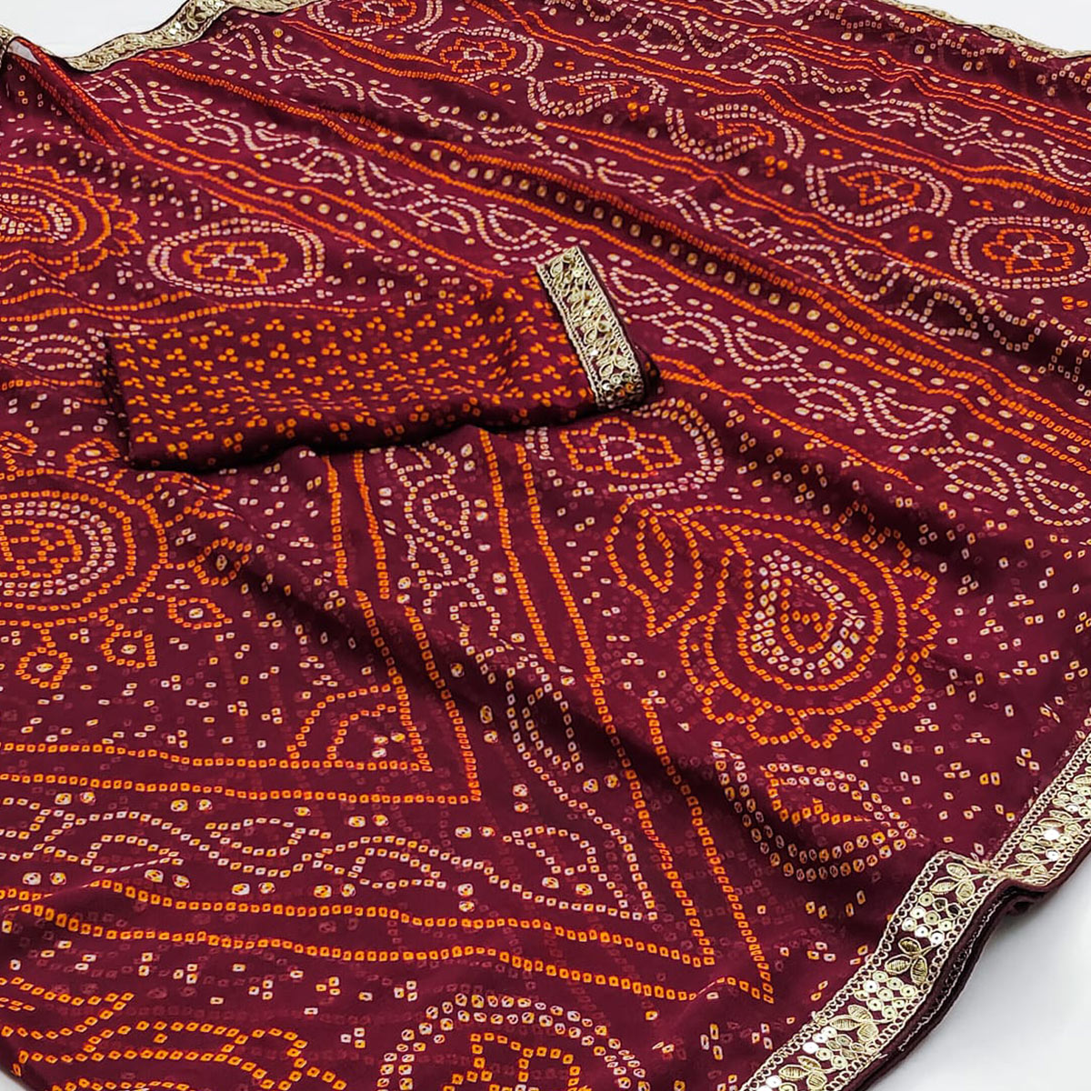 Wine Bandhani Printed Chiffon Saree