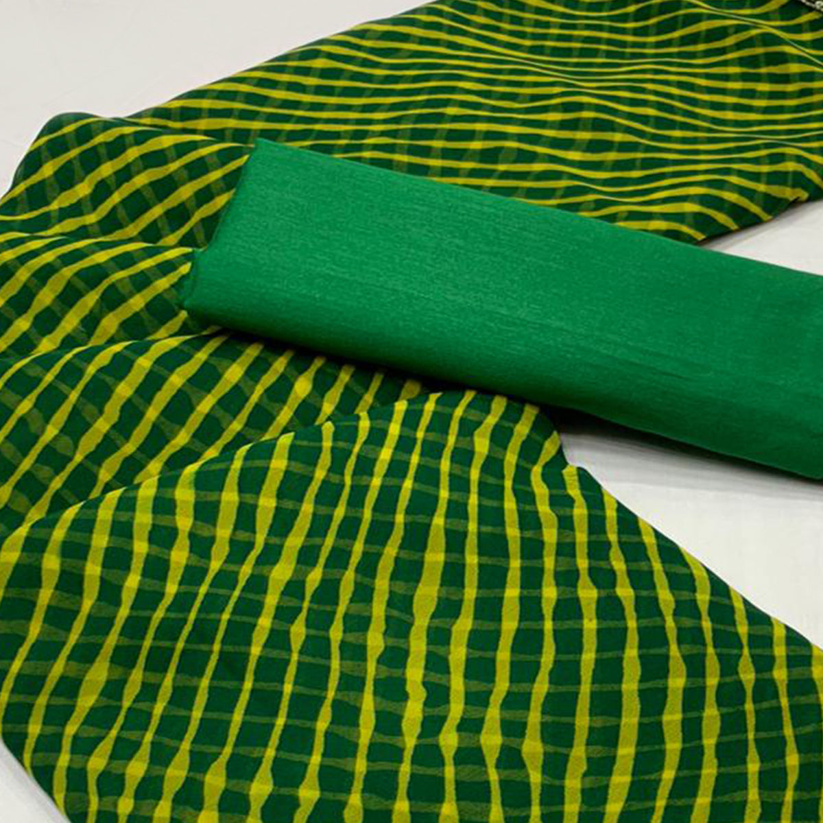 Green & Yellow Printed Georgette Saree With Sequins Border