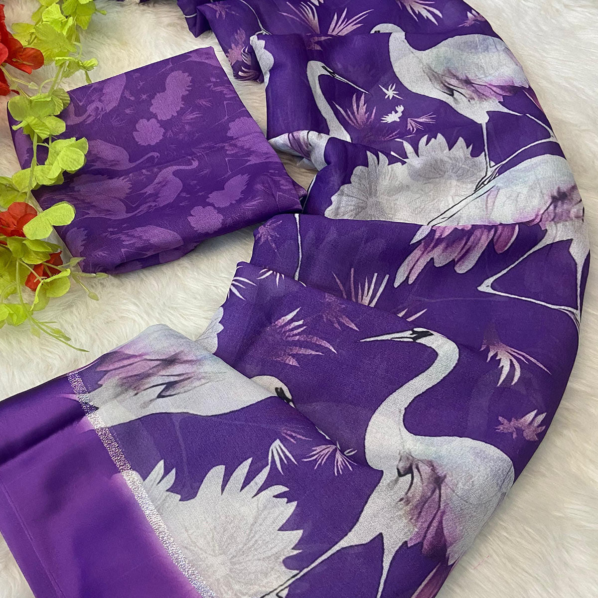 Purple Printed Moss Chiffon Saree With Zari Woven Border