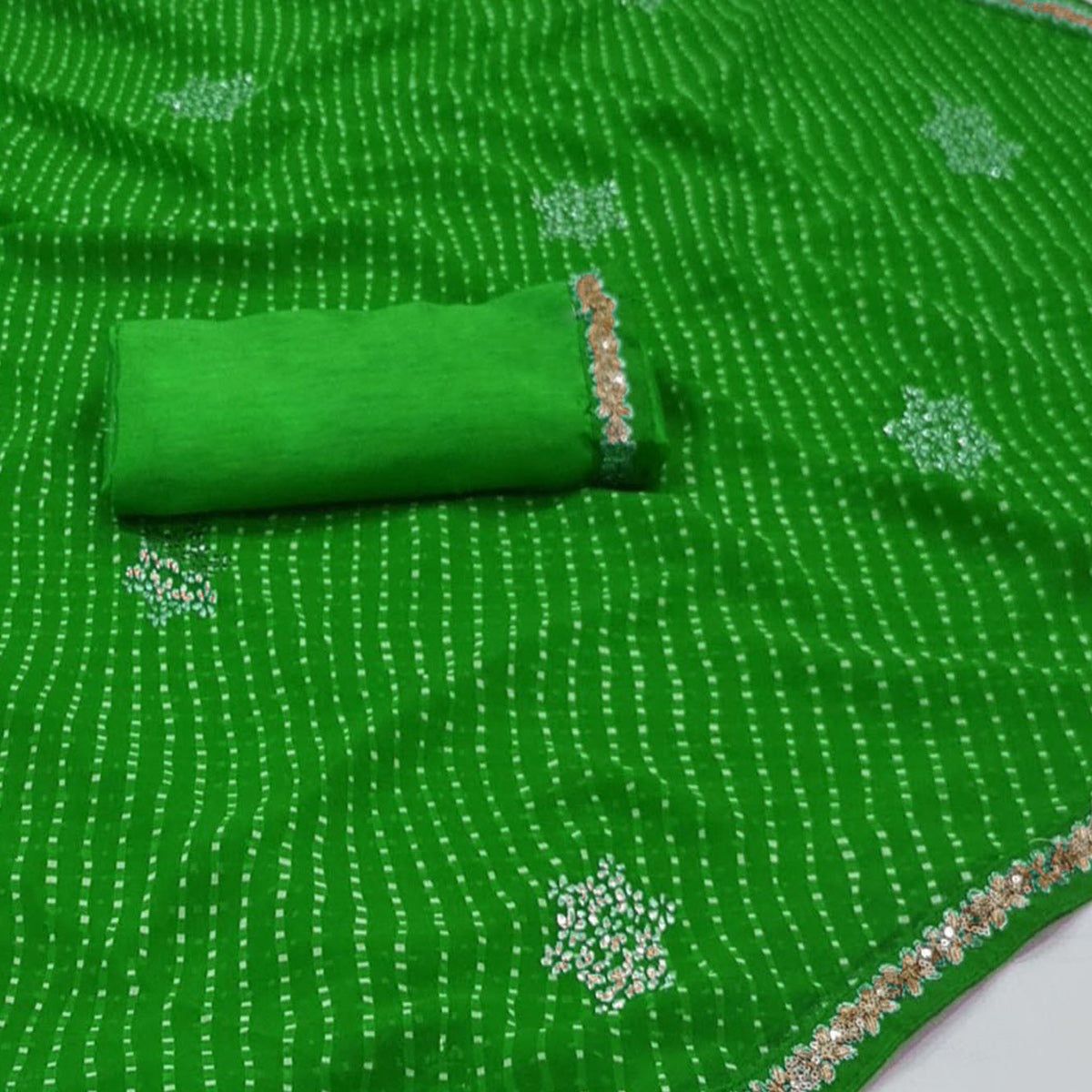 Green Printed Georgette Saree With lace Border