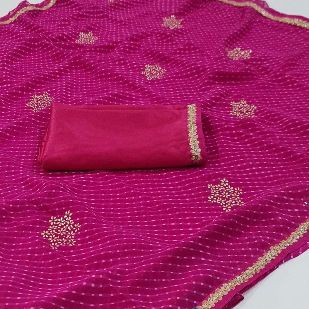 Rani Pink Printed Georgette Saree With lace Border