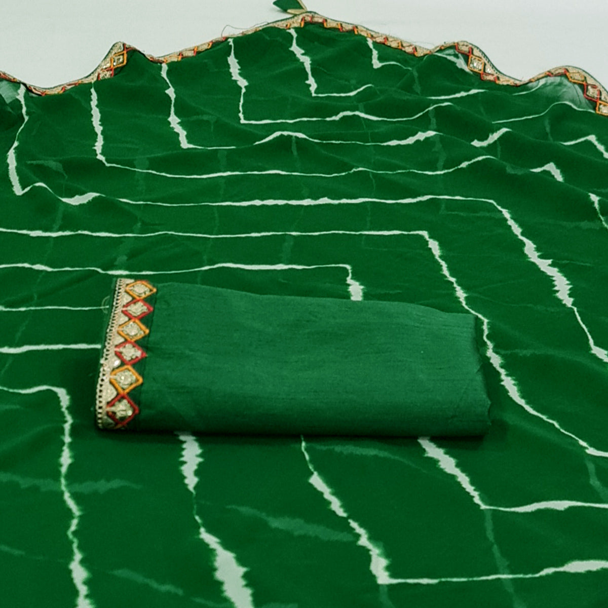 Green Leheriya Printed Georgette Saree With Sequins Border