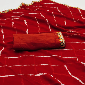 Red Leheriya Printed Georgette Saree With Sequins Border