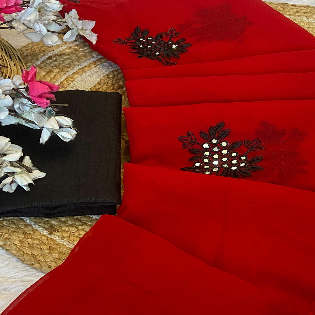 Red Floral Embroidered Vichitra Silk Saree
