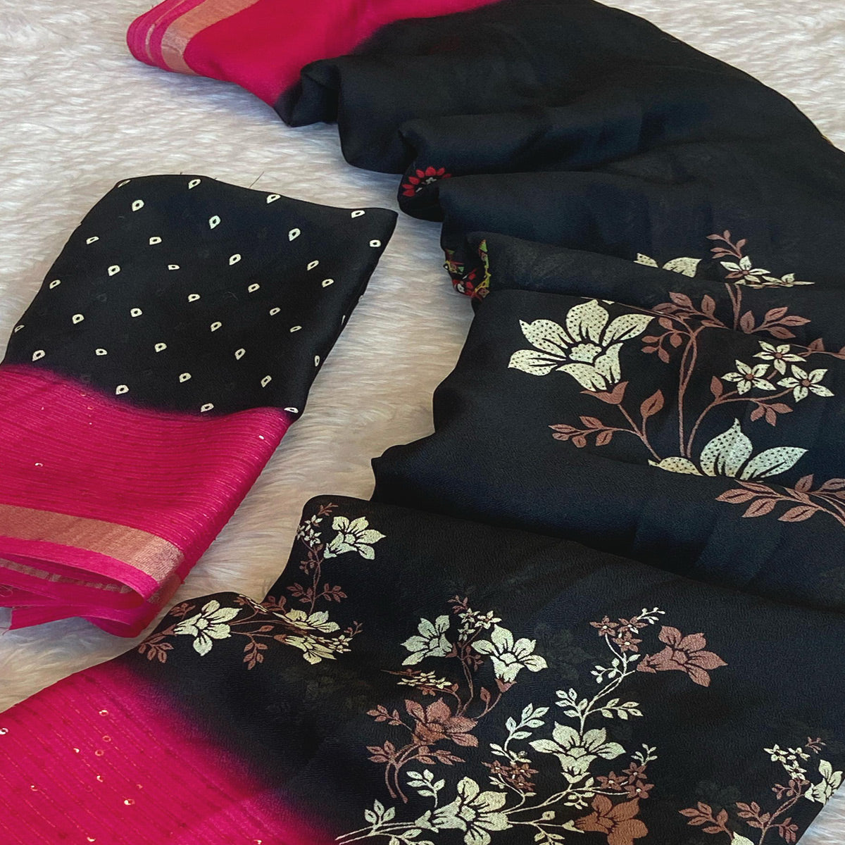 Black Floral Printed Moss Georgette Saree With Elegant Zari & Sequins Border Work