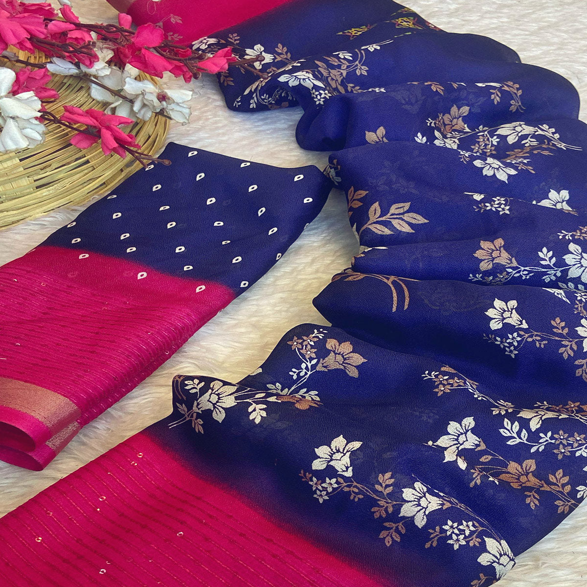 Blue Floral Printed Moss Georgette Saree With Elegant Zari & Sequins Border Work