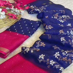 Blue Floral Printed Moss Georgette Saree With Elegant Zari & Sequins Border Work