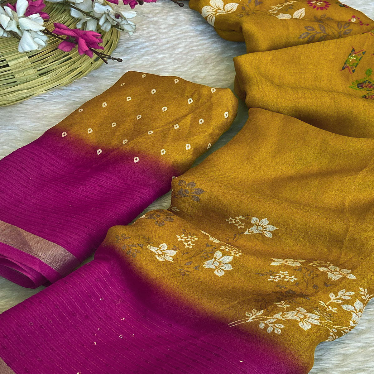 Mustard Floral Printed Moss Georgette Saree With Elegant Zari & Sequins Border Work