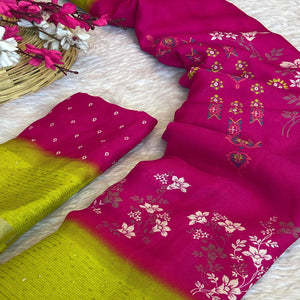 Rani Pink Floral Printed Moss Georgette Saree With Elegant Zari & Sequins Border Work