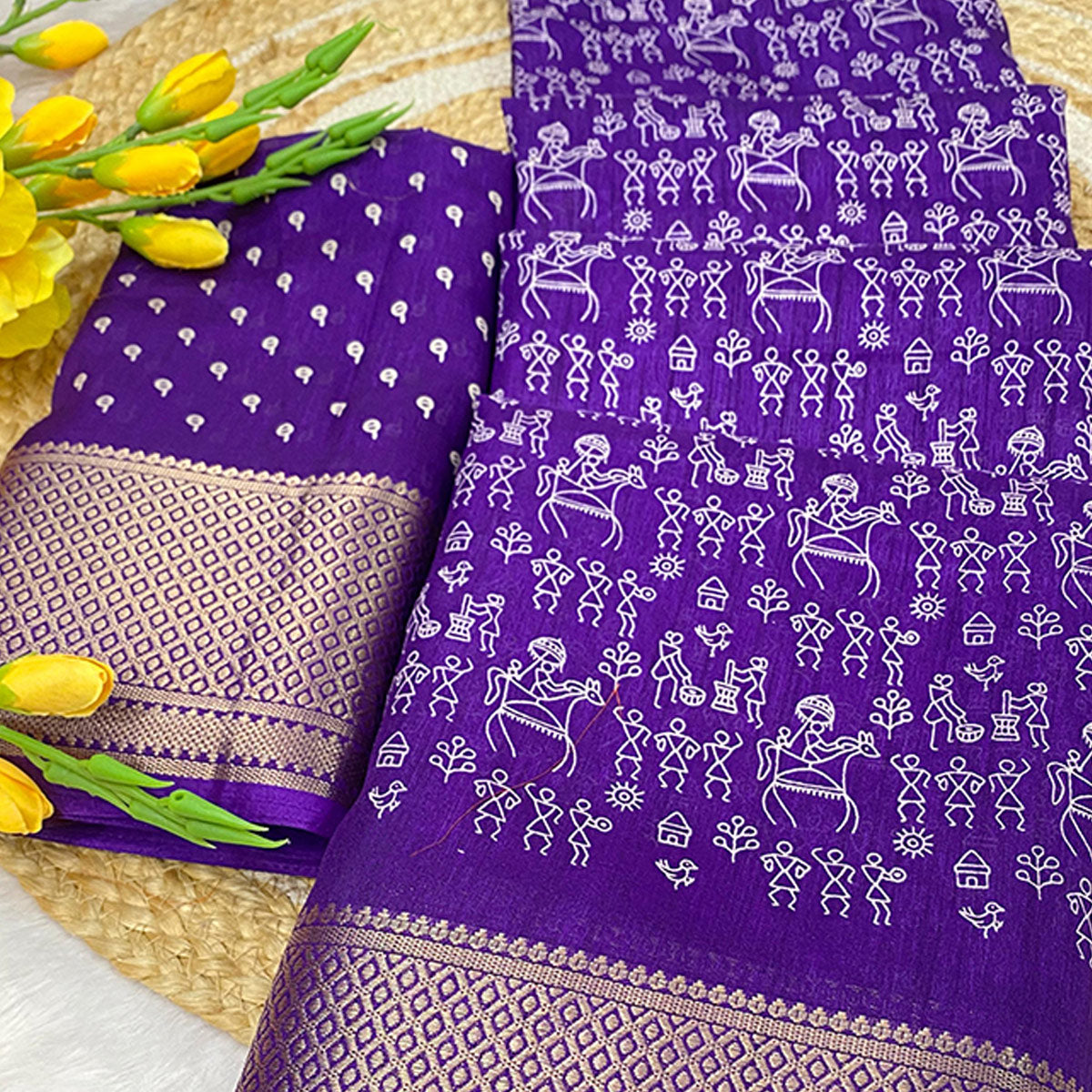 Lavender Dola Silk Saree with Warli Prints and Golden Zari Border
