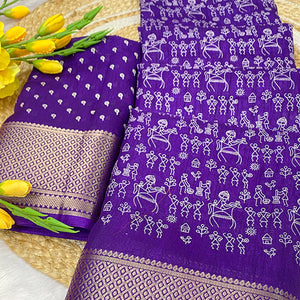 Lavender Dola Silk Saree with Warli Prints and Golden Zari Border