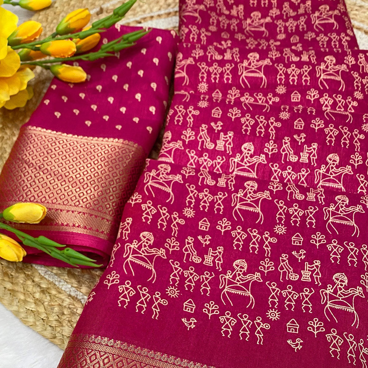 Pink Dola Silk Saree with Warli Prints and Golden Zari Border