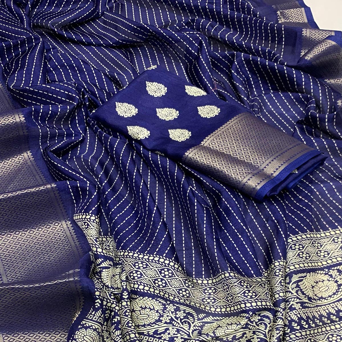 Blue Printed Dola Silk Saree With Jacquard Border