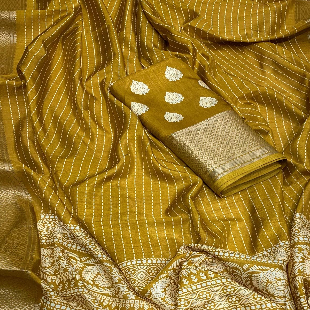 Mustard Printed Dola Silk Saree With Jacquard Border