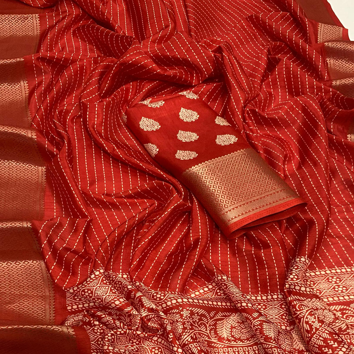 Red Printed Dola Silk Saree With Jacquard Border