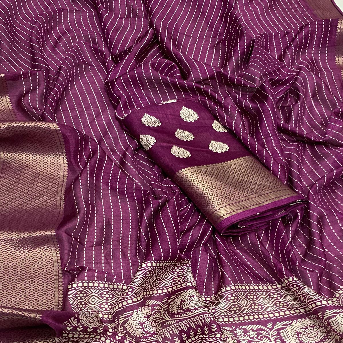 Wine Printed Dola Silk Saree With Jacquard Border