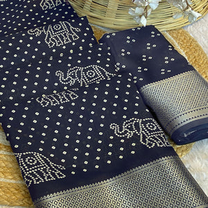 Black Bandhani Printed Dola Silk Saree With Woven Border