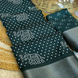 Green Bandhani Printed Dola Silk Saree With Woven Border