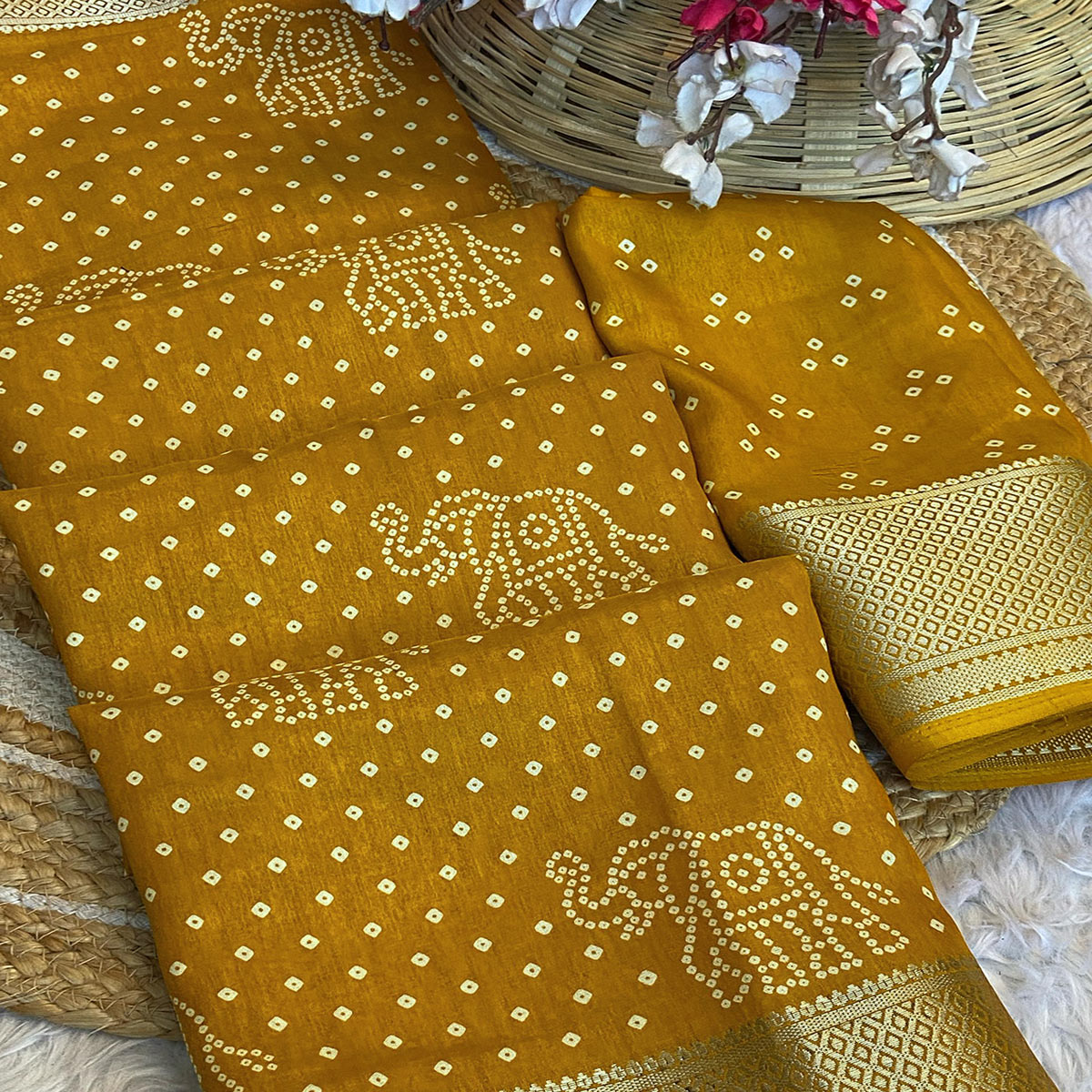 Mustard Bandhani Printed Dola Silk Saree With Woven Border