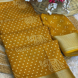 Mustard Bandhani Printed Dola Silk Saree With Woven Border