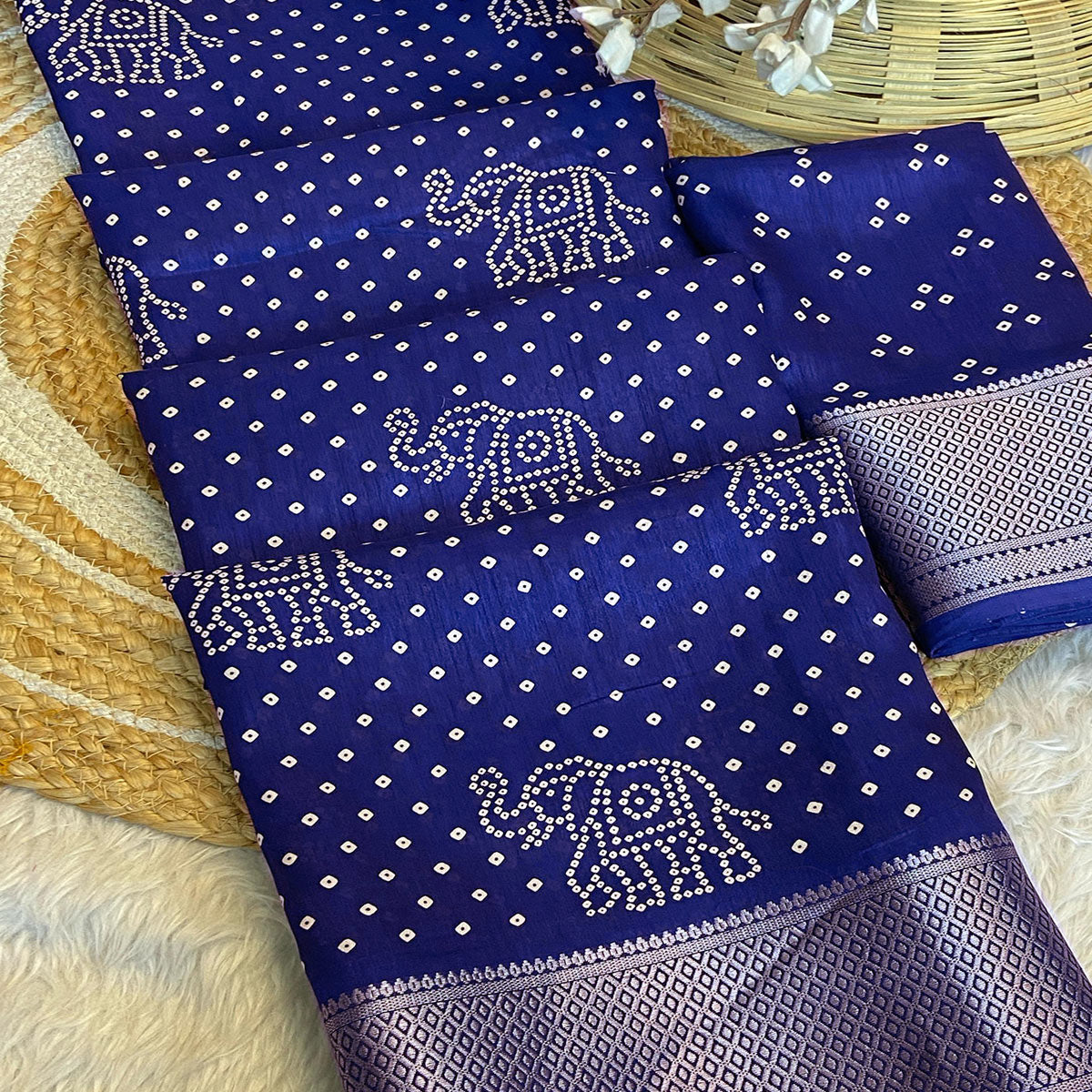 Navy Blue Bandhani Printed Dola Silk Saree With Woven Border