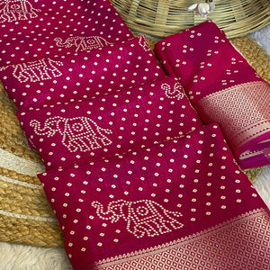 Pink Bandhani Printed Dola Silk Saree With Woven Border