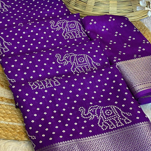 Violet Bandhani Printed Dola Silk Saree With Woven Border