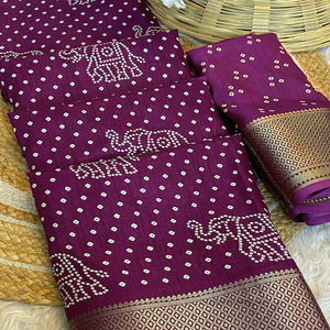 Wine Bandhani Printed Dola Silk Saree With Woven Border