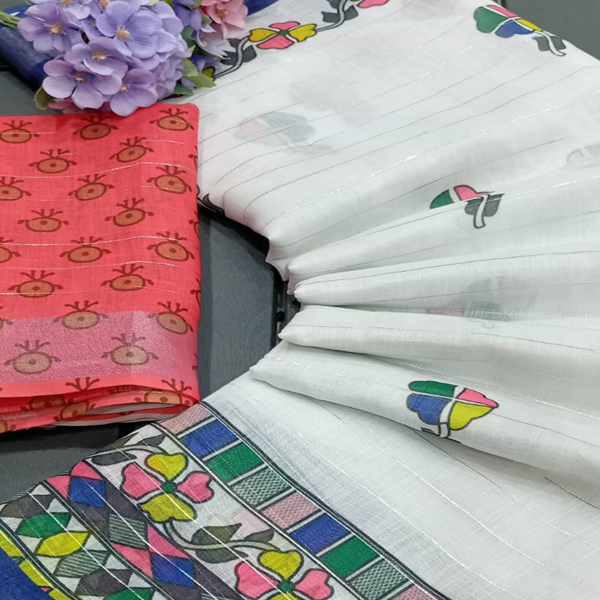 White Digital Printed With Zari Work Linen Cotton Saree