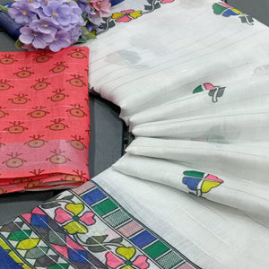 White Digital Printed With Zari Work Linen Cotton Saree