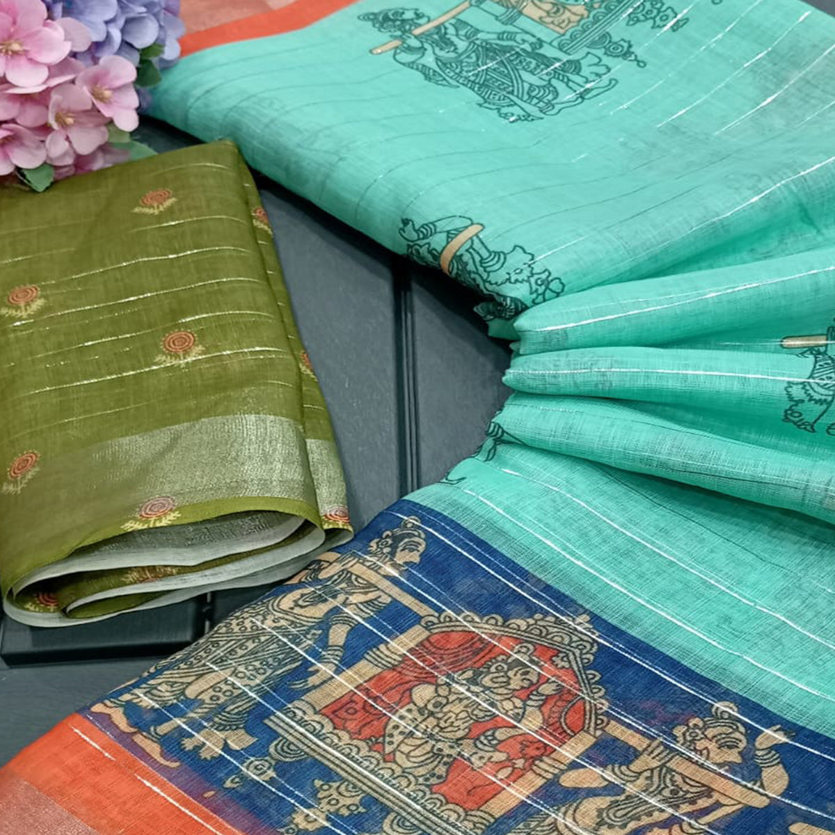 Turquoise Digital Printed With Zari Work Linen Cotton Saree