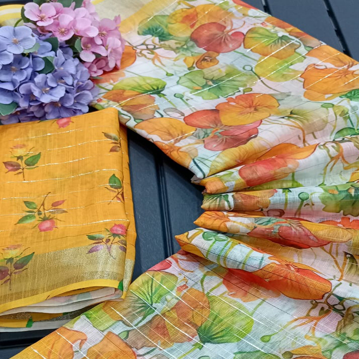 Yellow Digital Printed With Zari Work Linen Cotton Saree